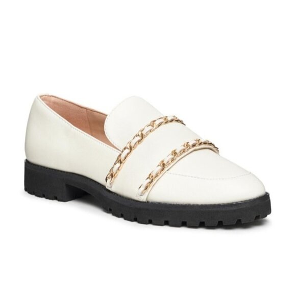 Karl Lagerfeld Paris Womens Loafers 8/38.5B Cream Leather Gold Chain Trim Chunky - Picture 1 of 10